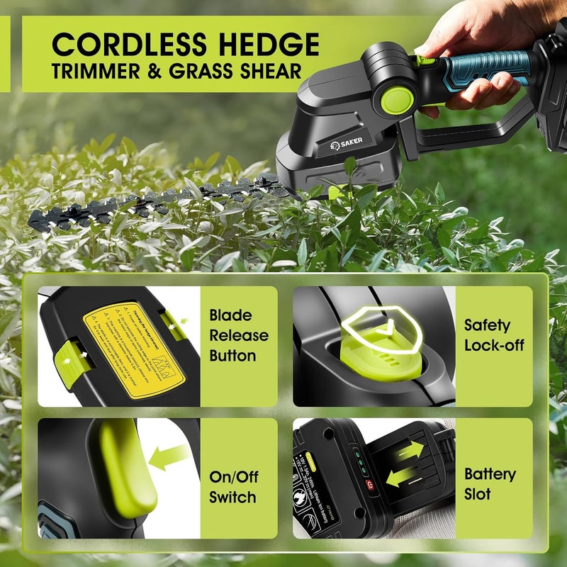 Saker Cordless Hedge Trimmer-20V Electric Shrub Trimmer Grass Shears Handheld Grass Cutter, Hedge Shear with 1 PCS Rechargeable Battery and Charger for Garden, Lawn - Image 2